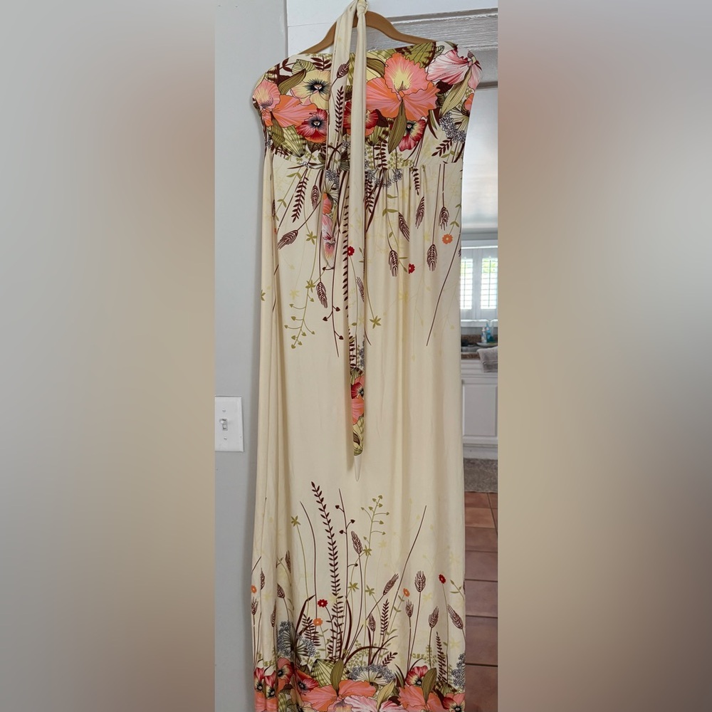 Floral Print Cream Strapless Maxi Dress with tie
